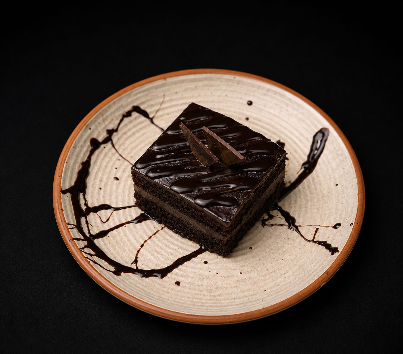 Chocolate Truffle dessert plated with chocolate sauce
